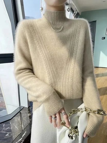 Suéter de punto grueso para mujer, cuello medio alto, ajuste holgado y delgado, camiseta base suave y cálida, estilo coreano,...