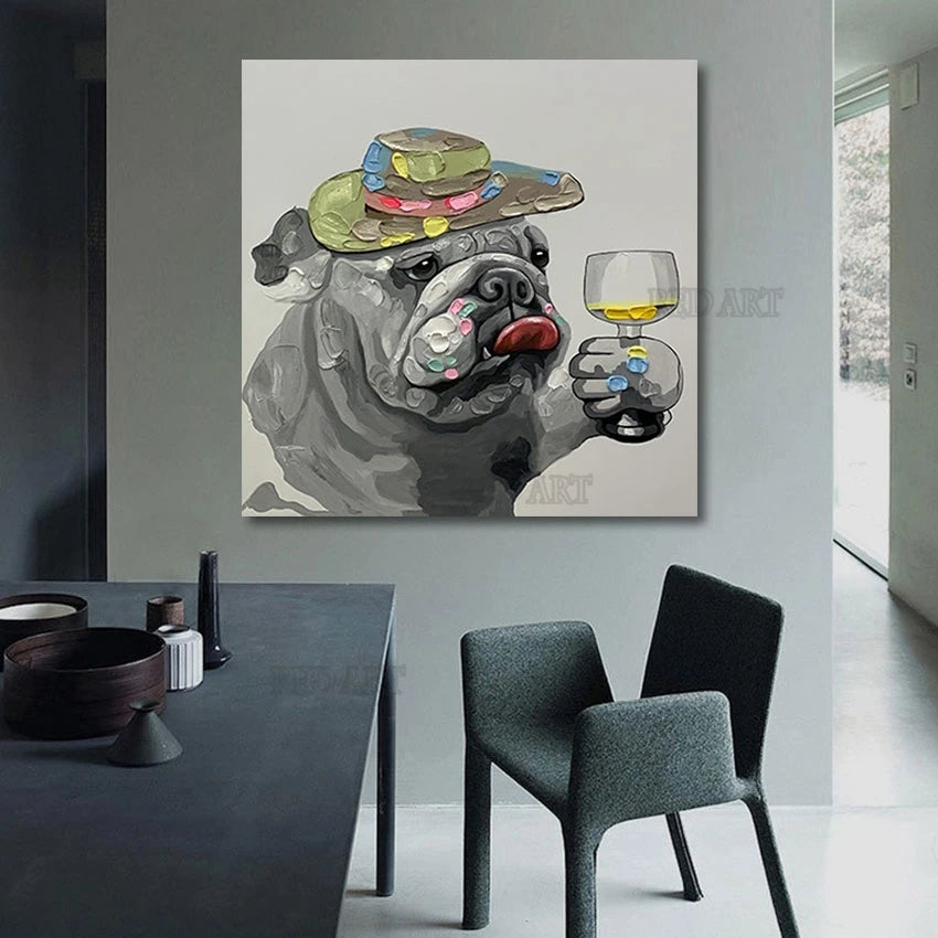 Pintura al óleo con imagen de perro de dibujos animados, pintada a mano, regalo de Navidad, pared de lujo, imagen de animal, arte sobre lienzo, decoración de dormitorio para niños