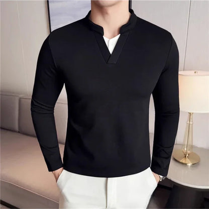 Camiseta elástica falsa de 2 piezas con empalme a la moda coreana, camiseta básica de manga larga con cuello en V ajustada para hombre, camisetas versátiles de Color sólido