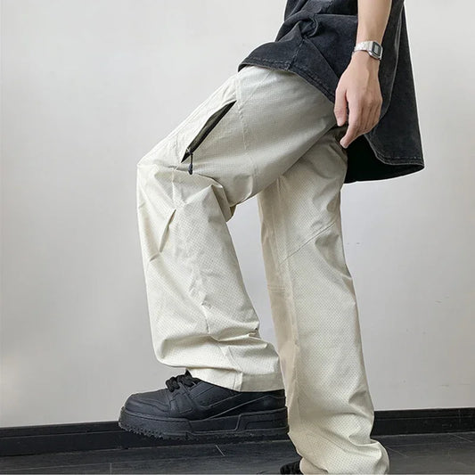 2025 nueva malla transpirable gimnasio Cargo pantalones Hombre funcional cremallera bolsillo al aire libre pantalones Casual drapeado recto pantalones de chándal holgados
