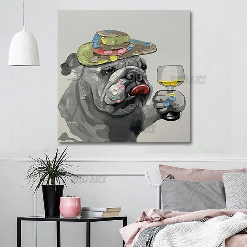 Pintura al óleo con imagen de perro de dibujos animados, pintada a mano, regalo de Navidad, pared de lujo, imagen de animal, arte sobre lienzo, decoración de dormitorio para niños