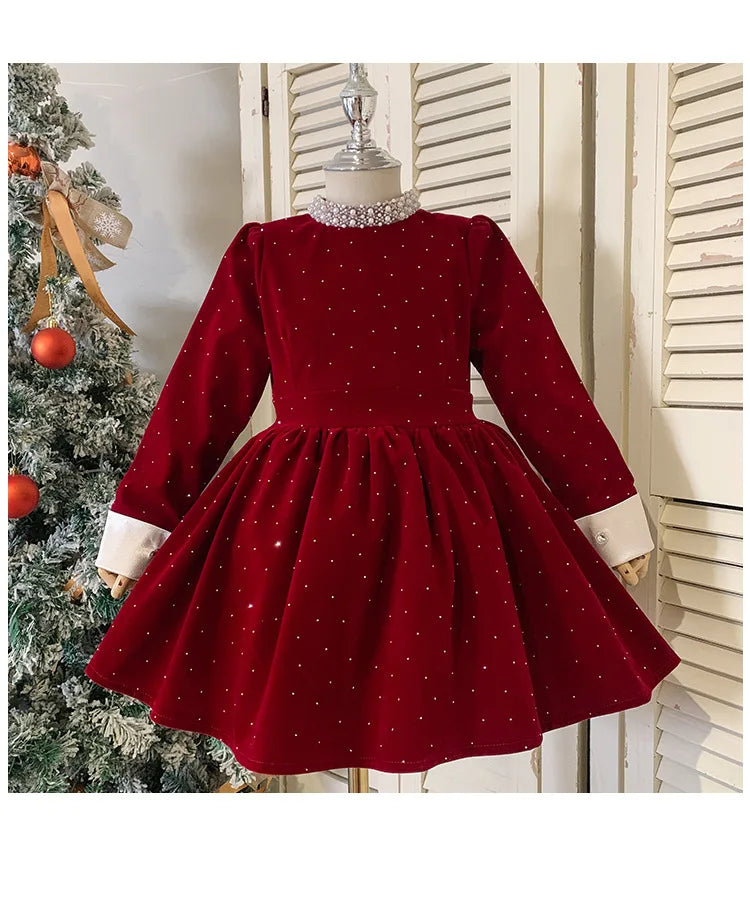 Vestido de Terciopelo Brillante para Niñas, Edición Primavera Otoño Invierno 2026, Vestido de Princesa con Cuello de Perlas