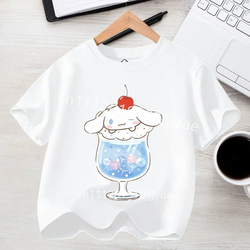 Camiseta de Manga Corta para Niños, Estilo Urbano, Verano 2026, Ropa Casual, Regalo Kawaii, Linda Camiseta de Cinnamoroll para Niña, Camiseta de Algodón con Estampado de Anime