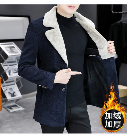 Chaquetas de lana de invierno coreanas para hombres, chaqueta de mezcla de lana gruesa de felpa con solapa, gabardina larga informal de negocios, abrigo de calle