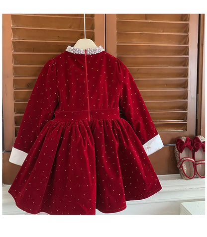 Vestido de Terciopelo Brillante para Niñas, Edición Primavera Otoño Invierno 2026, Vestido de Princesa con Cuello de Perlas