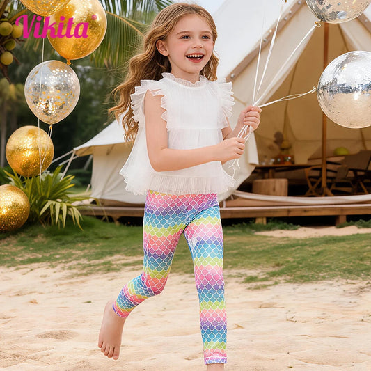 VIKITA-mallas de poliéster con estampado de escamas de sirena para niñas, pantalones informales ajustados para vacaciones, viajes y playa
