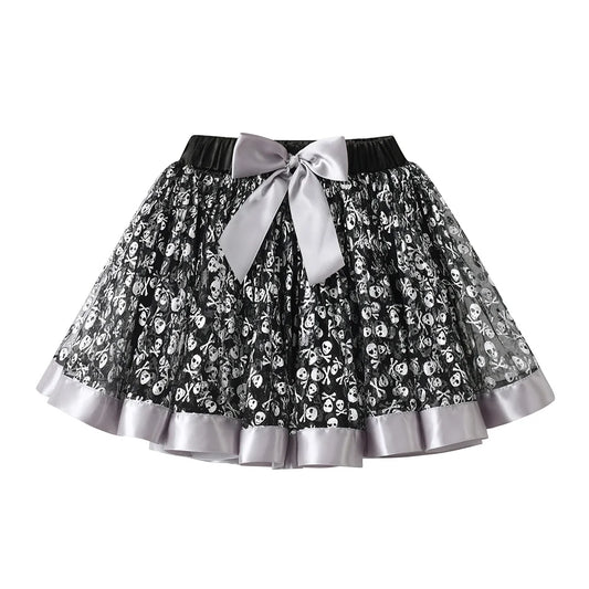 VIKITA Falda tutú de encaje de tul con estampado de calavera para niñas, falda con volantes y nudo de lazo para fiesta de Halloween, disfraces de moda