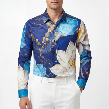 Camisa de Lujo Estilo Oceánico para Hombre, Camisa Casual de Manga Larga con Pedrería y Flores, Camisa de Vestir para Oficina y Eventos Sociales, Ropa Masculina 2026