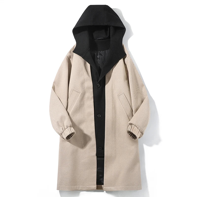 Spring Autumn Fashion false two-Piece Trench Men Hooded Long Outwear Coats Male Loose Single Breasted Casual Windbreaker Jackets