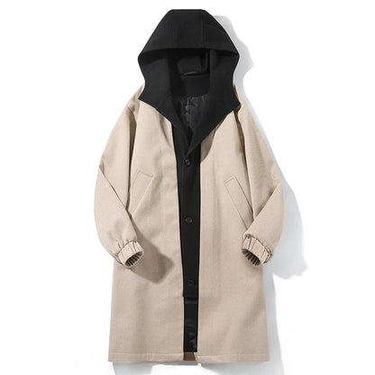 Spring Autumn Fashion false two-Piece Trench Men Hooded Long Outwear Coats Male Loose Single Breasted Casual Windbreaker Jackets