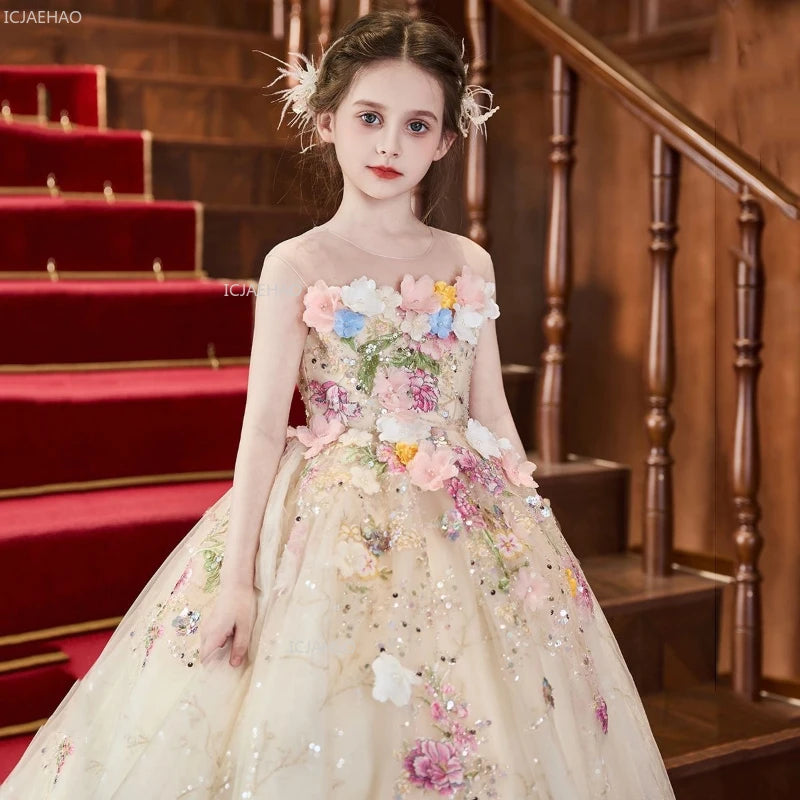 Vestido de fiesta de estilo francés para niñas con flores para el pequeño presentador Piano Recital flor niña boda niños vestido de desfile vestidos