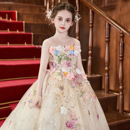 Vestido de fiesta de estilo francés para niñas con flores para el pequeño presentador Piano Recital flor niña boda niños vestido de desfile vestidos