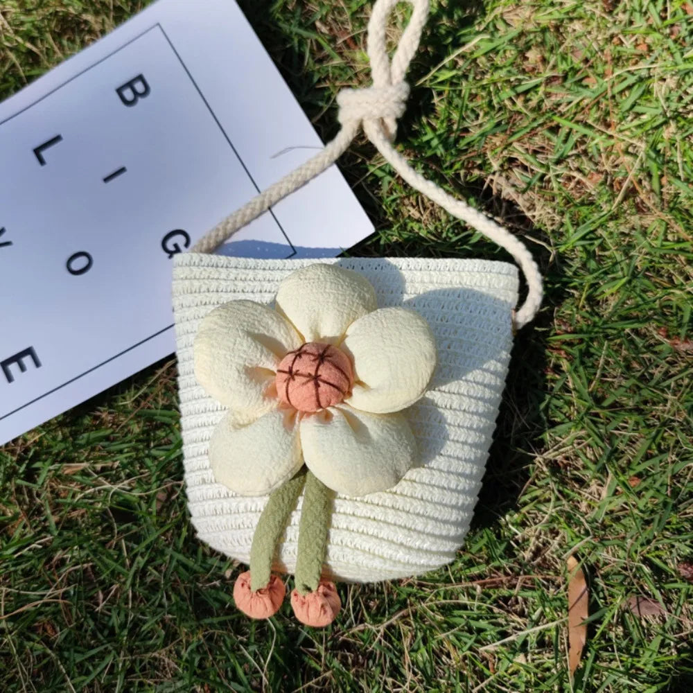 Bolso de hombro hecho a mano para niños y niñas, con flores bandolera de paja, monedero para llaves, Mini bolso de princesa