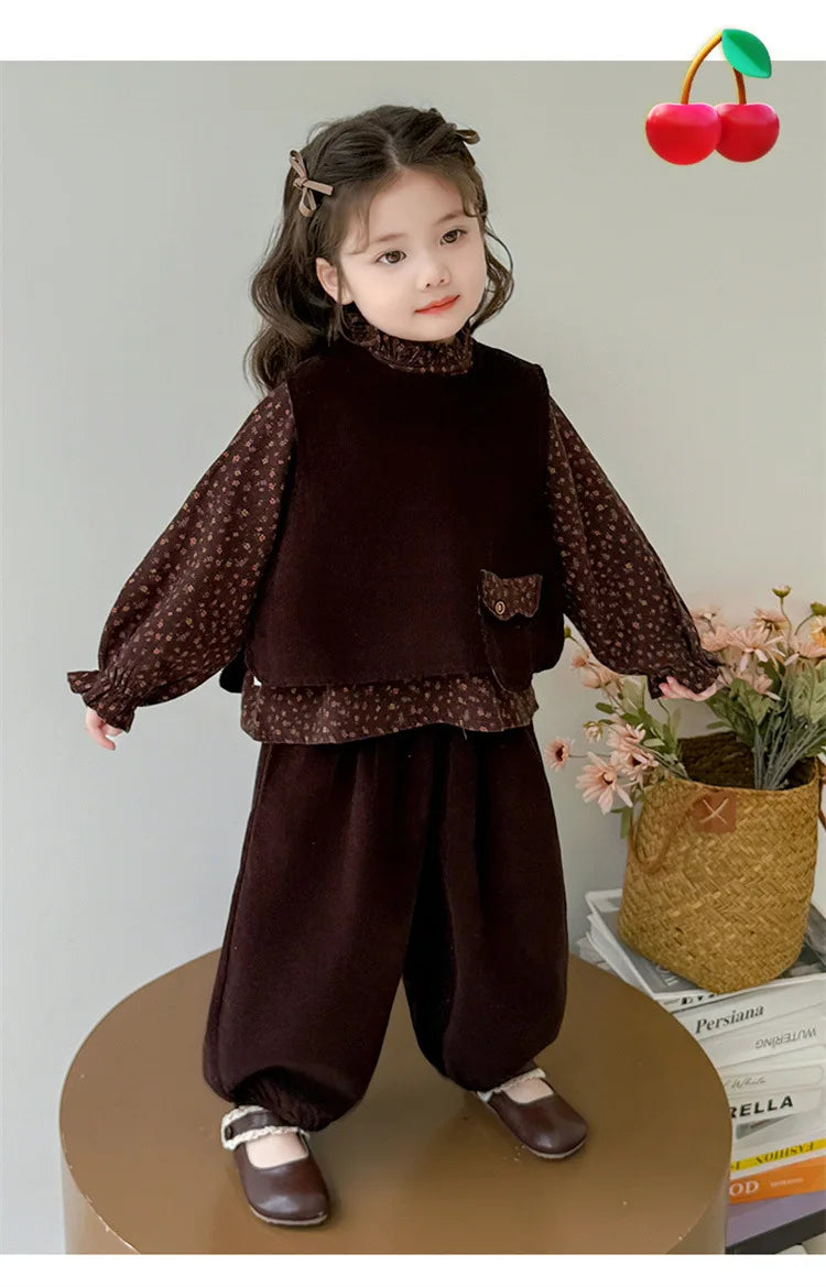 Ropa de moda para niñas 2025, otoño, nueva camisa Floral, chaleco y pantalones de Color sólido, conjunto de 3 piezas de pana