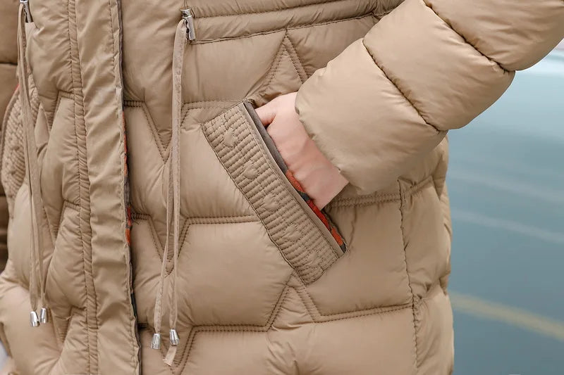Chaqueta Larga de Algodón Grueso para Mujer, Acolchada, Ajustada, con Cintura Ajustable, Manga Larga, Cierre de Cremallera