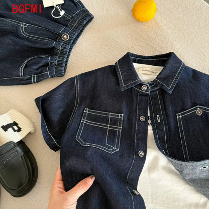 Conjunto de dos piezas de mezclilla de verano para niños de 2 a 10 años, camisa de hilo brillante + pantalones cortos para niña, conjunto de camisa fina para bebé, verano 2026