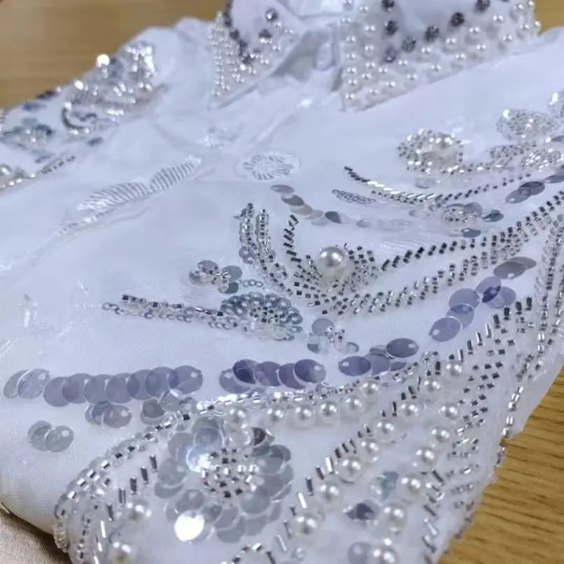 Blusas blancas De gran tamaño con perlas y lentejuelas De diamantes De lujo para Mujer, Tops con mangas acampanadas para primavera y verano 2025, Camisas De Mujer