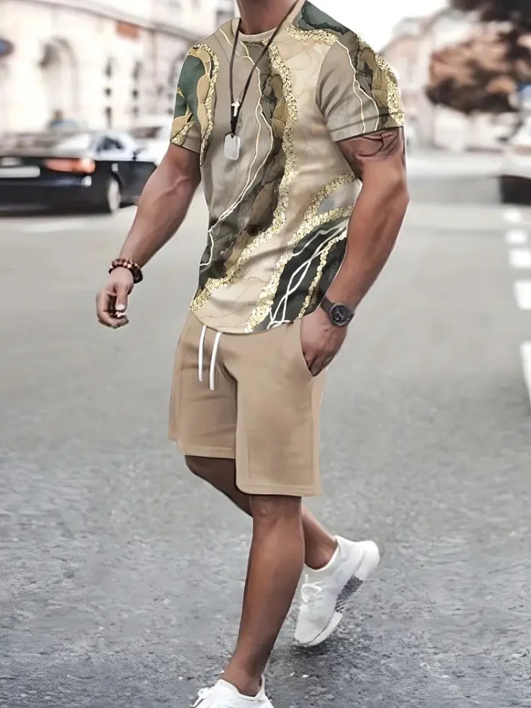 Sencillo de mármol con estampado en 3D, Top y Shorts de cuello redondo para hombres, moda urbana, traje informal de día a día para hombres