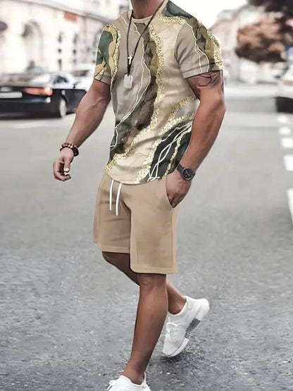 Sencillo de mármol con estampado en 3D, Top y Shorts de cuello redondo para hombres, moda urbana, traje informal de día a día para hombres