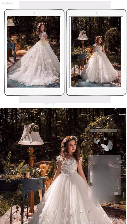 Vestido de fiesta de princesa largo blanco para niñas con tren para actuación de Piano vestido Formal de desfile de cumpleaños de boda para niñas de flores