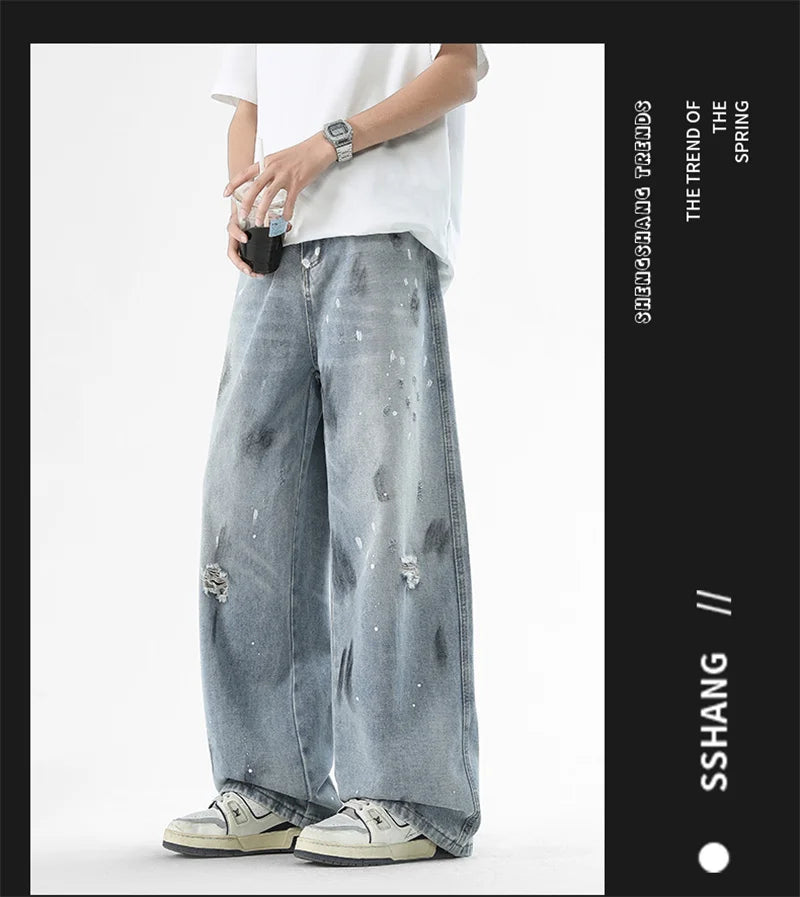 Pantalones vaqueros de pierna recta holgados rasgados de otoño para hombre, moda Hip Hop, pantalones vaqueros con estampado de grafiti, ropa de calle informal Y2K, pantalones vaqueros
