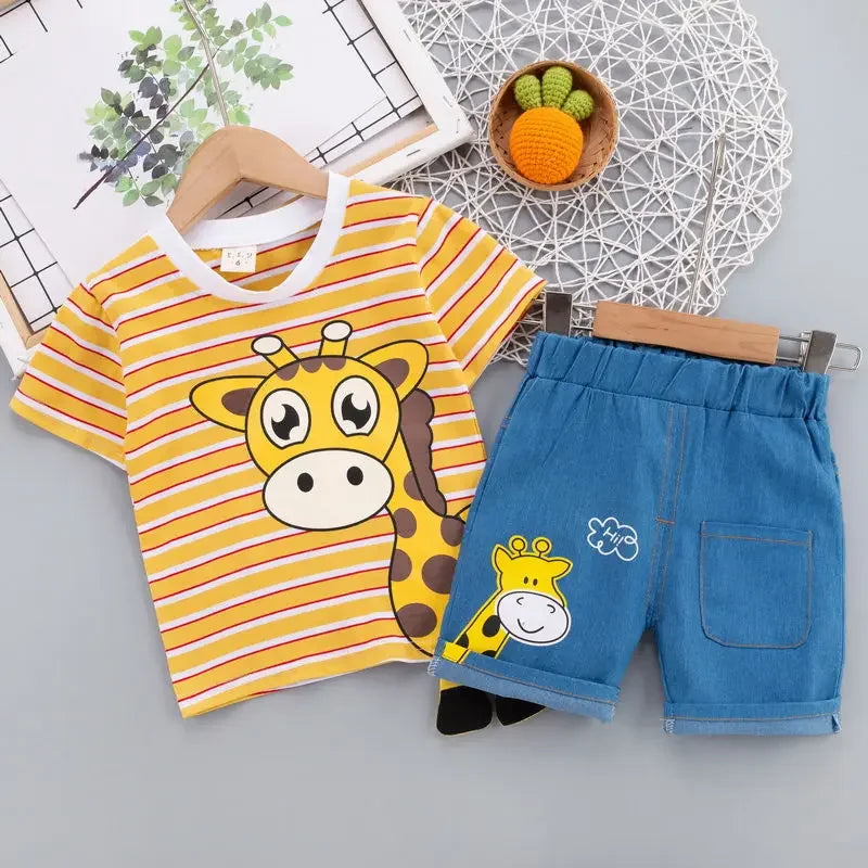 Ropa de verano para niños, camiseta de dibujos animados, pantalones cortos, 2 unids/set, trajes deportivos de ocio para niños pequeños, chándales de algodón para bebés de 0 a 5 años