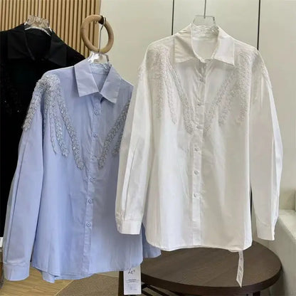 Blusas de algodón con bordado de lentejuelas de lujo, camisas para mujer, tendencia, nueva moda, Tops informales sueltos, Blusas, camisa de oficina para mujer, Tops