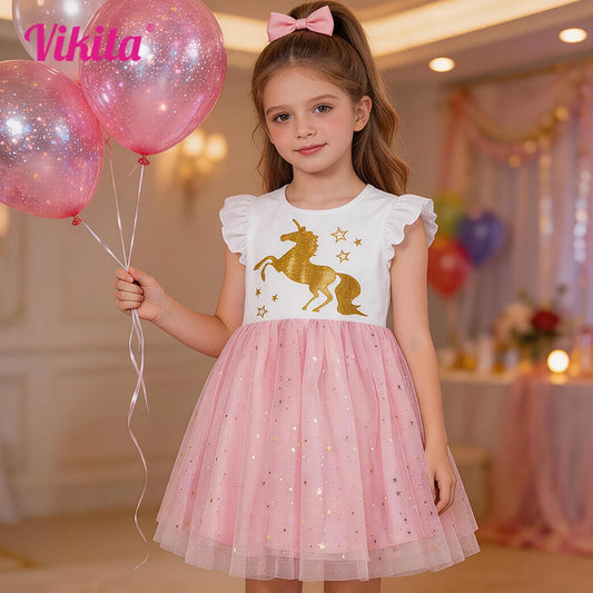 VIKITA, vestido con estampado de licor para niñas, vestidos de verano con mangas acampanadas para niñas, vestidos bonitos elegantes de princesa de retales para fiesta de cumpleaños para niños