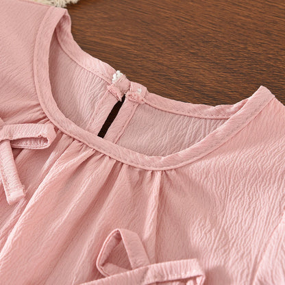 Conjunto de Dos Piezas de Verano para Niña de 3 a 7 Años, Estilo Coreano, Dulce y Lindo, Blusa con Mangas Abullonadas y Lazo + Pantalones