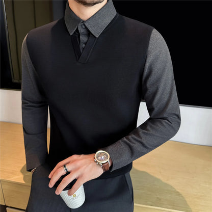 Suéter de punto de alta calidad para hombre, camisa de lana gruesa con cuello empalmado, suéteres con cuello en V, suéter de punto de dos piezas para Otoño e Invierno
