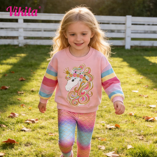 VIKITA-Conjunto de ropa rosa de dibujos animados para niñas, sudadera de algodón a rayas de arcoíris y mallas coloridas, ropa para niños, conjuntos de 2 uds.