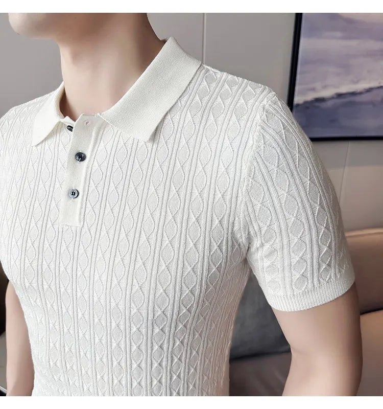 Polo de manga corta de punto Jacquard para hombre, camiseta de Golf con solapa de moda, ajustada, nueva