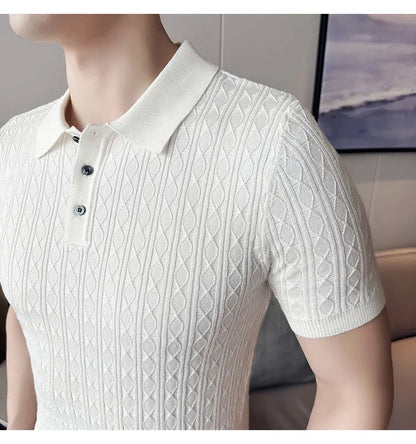 Polo de manga corta de punto Jacquard para hombre, camiseta de Golf con solapa de moda, ajustada, nueva