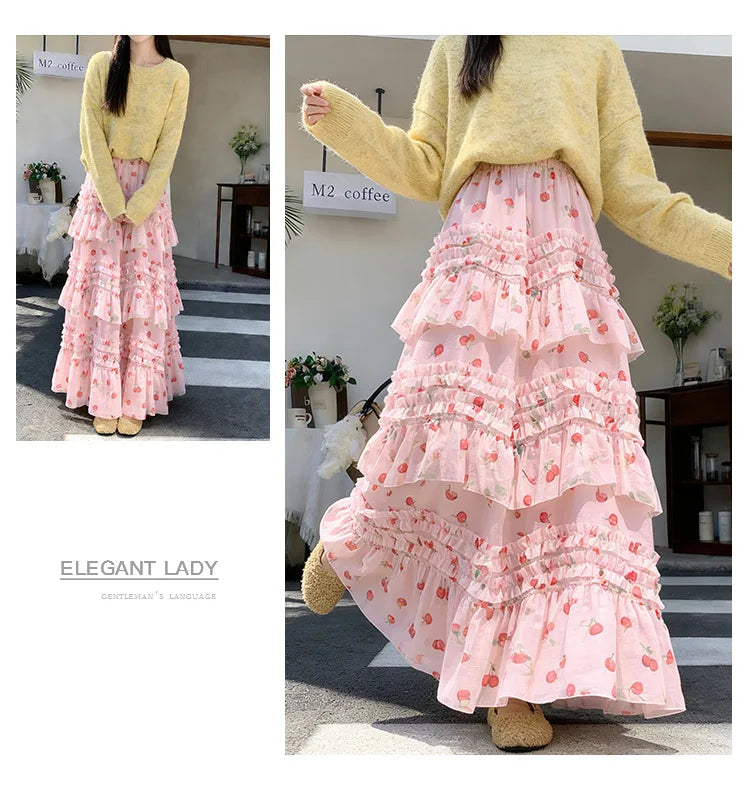 Primavera Verano 2026 Falda Larga de Tul Estampada de Cintura Alta con Empalmes Asimétricos, Falda de Pastel Colorida, Estilo...
