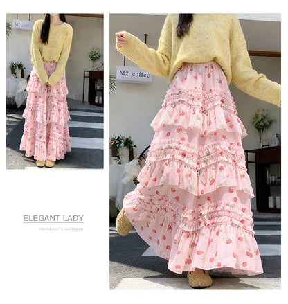 Primavera Verano 2026 Falda Larga de Tul Estampada de Cintura Alta con Empalmes Asimétricos, Falda de Pastel Colorida, Estilo...