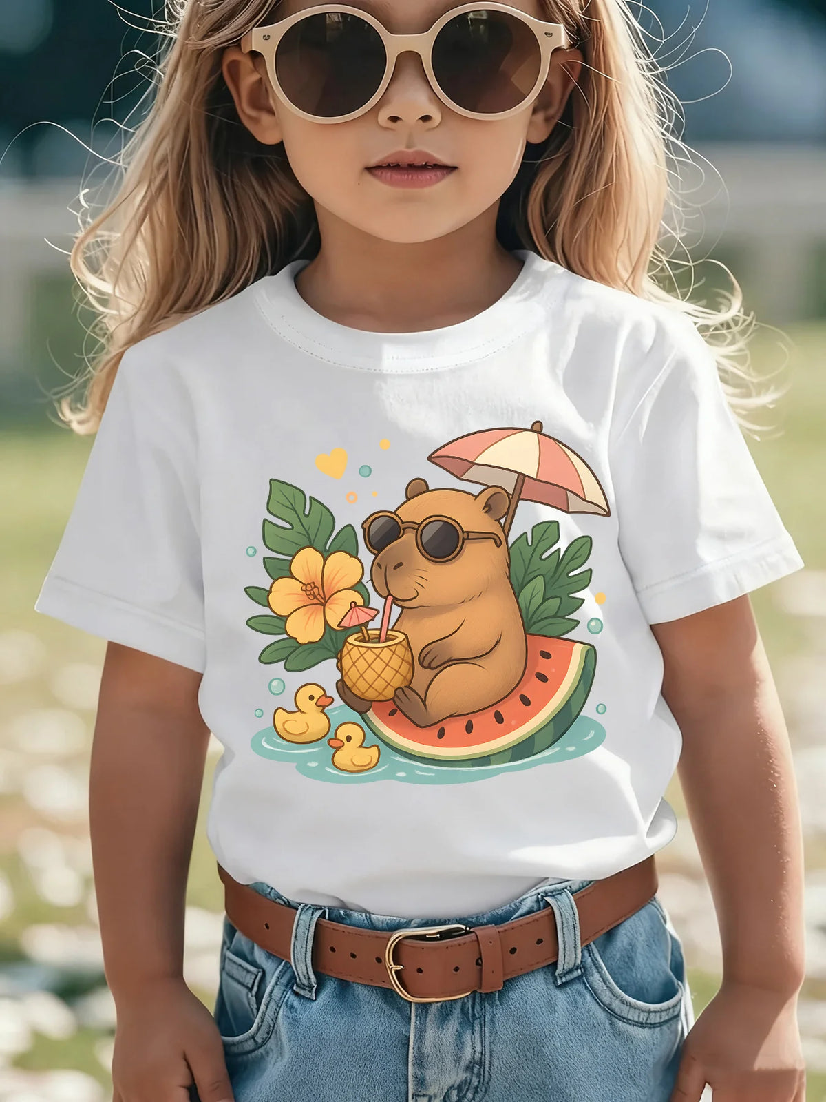 Camiseta para niños, camiseta de algodón morada para niñas, camiseta informal de manga corta con estampado de Capibara, ropa para niños, camiseta para niñas