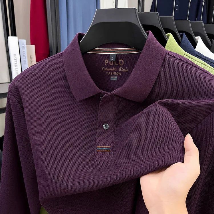 Polo de manga larga de otoño 2025 para hombre, 100% algodón transpirable, estilo informal de negocios con cuello de algodón clásico