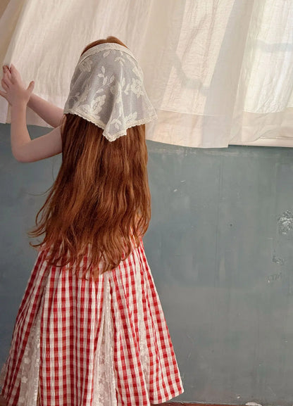 NOVEDAD DE VERANO 2025 vestido largo de hadas para niñas vestido de tirantes de encaje empalmado de encaje a cuadros rojo francés