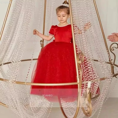 Vestido de fiesta de princesa rojo para niñas, vestido de tul hinchado para cumpleaños, violín, Piano, actuación, desfile de moda, ropa