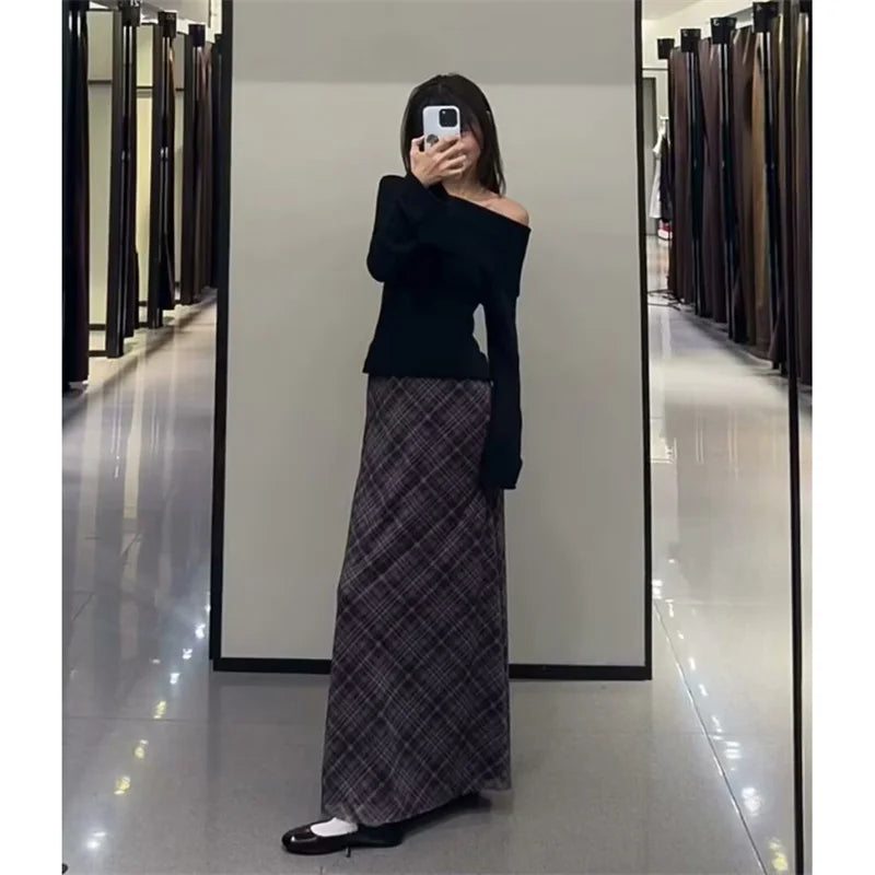 Falda Midi de Tul a Cuadros Estilo Británico BANA, Falda Ajustada de Cintura Alta para Mujer, Primavera Verano, Estilo OL, Fa...