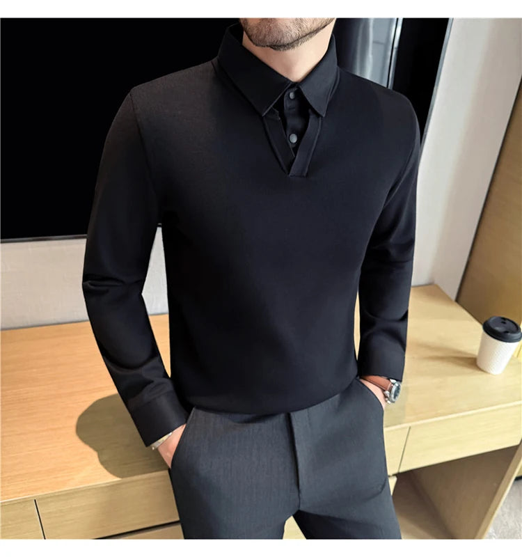 Suéter de punto de alta calidad para hombre, camisa de lana gruesa con cuello empalmado, suéteres con cuello en V, suéter de punto de dos piezas para Otoño e Invierno