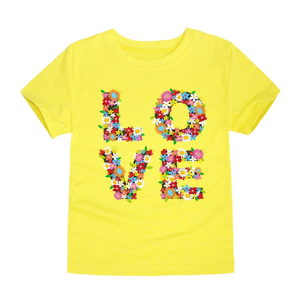 Camiseta de manga corta de algodón transpirable para niños, con estampado de letras de flores de verano, moderna y bonita