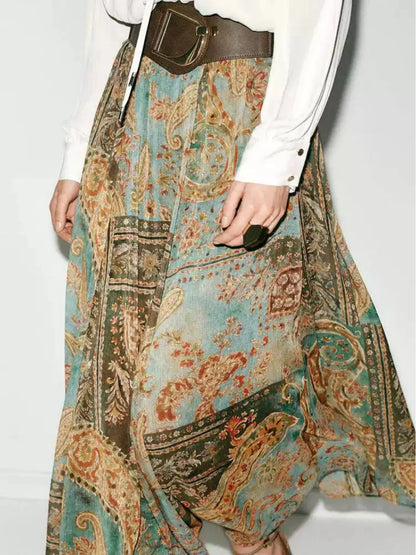 Falda Midi de Gasa con Estampado Retro Dulce y Moderno para Mujer, Estilo Veraniego, Diseño Holgado en la Cintura, Corte en A...