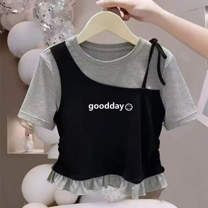 Camiseta de Manga Corta para Niñas, Algodón Puro, Dobladillo con Volantes, Estilo Corto, Verano, Casual, Ropa Infantil, Trans...