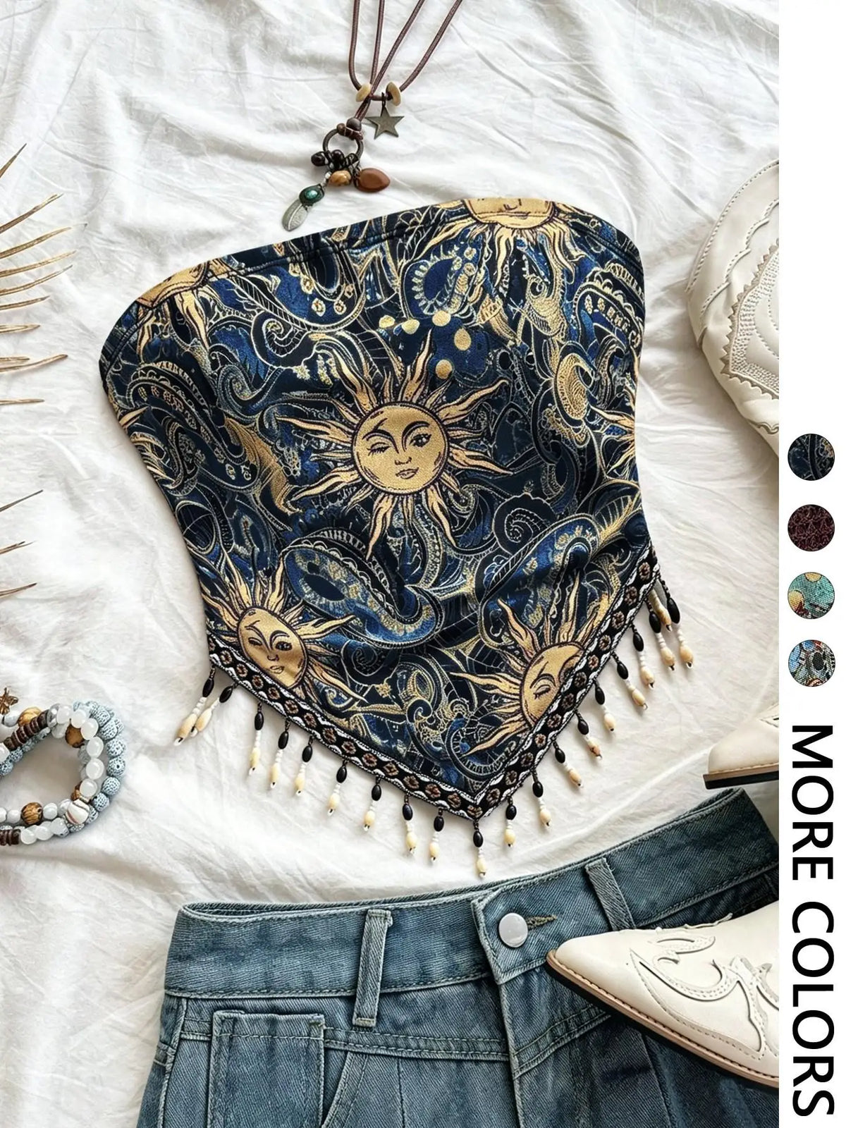 Top de tubo de punto de malla estampado de 1 pieza para mujer con dobladillo triangular y adornos de flecos con cuentas