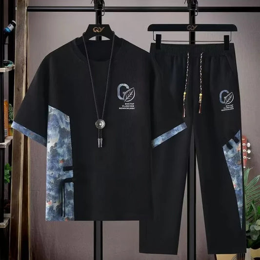 Camisetas para hombre, pantalones informales, conjunto de 2 piezas, nuevo chándal negro de gran tamaño para otoño, M-8XL, conjuntos deportivos para hombre, disfraz para hombre, 2 piezas
