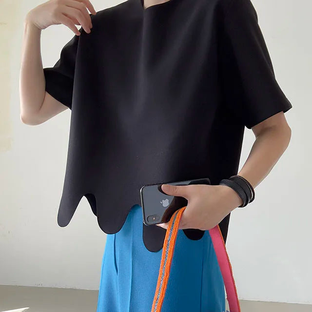 Camisetas de verano de moda coreana, camiseta informal de manga corta con cuello redondo y patrón de onda Irregular, camisetas simples