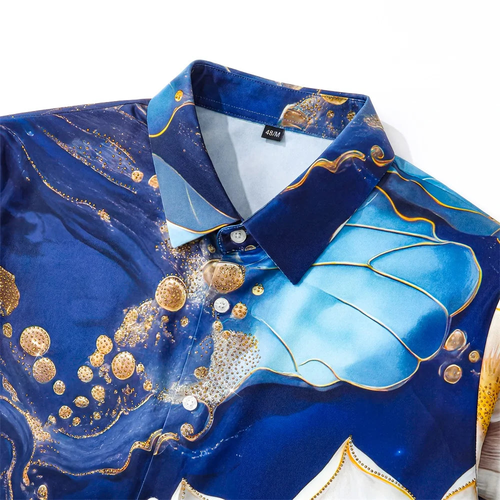 Camisa de Lujo Estilo Oceánico para Hombre, Camisa Casual de Manga Larga con Pedrería y Flores, Camisa de Vestir para Oficina y Eventos Sociales, Ropa Masculina 2026