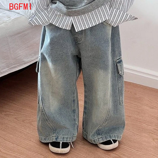 Pantalones vaqueros coreanos para niños, pantalones rectos sueltos, pantalones Cargo de pierna ancha para niños y niñas, nuevos pantalones vaqueros con bolsillos para primavera y otoño para chico