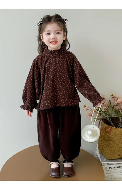 Ropa de moda para niñas 2025, otoño, nueva camisa Floral, chaleco y pantalones de Color sólido, conjunto de 3 piezas de pana